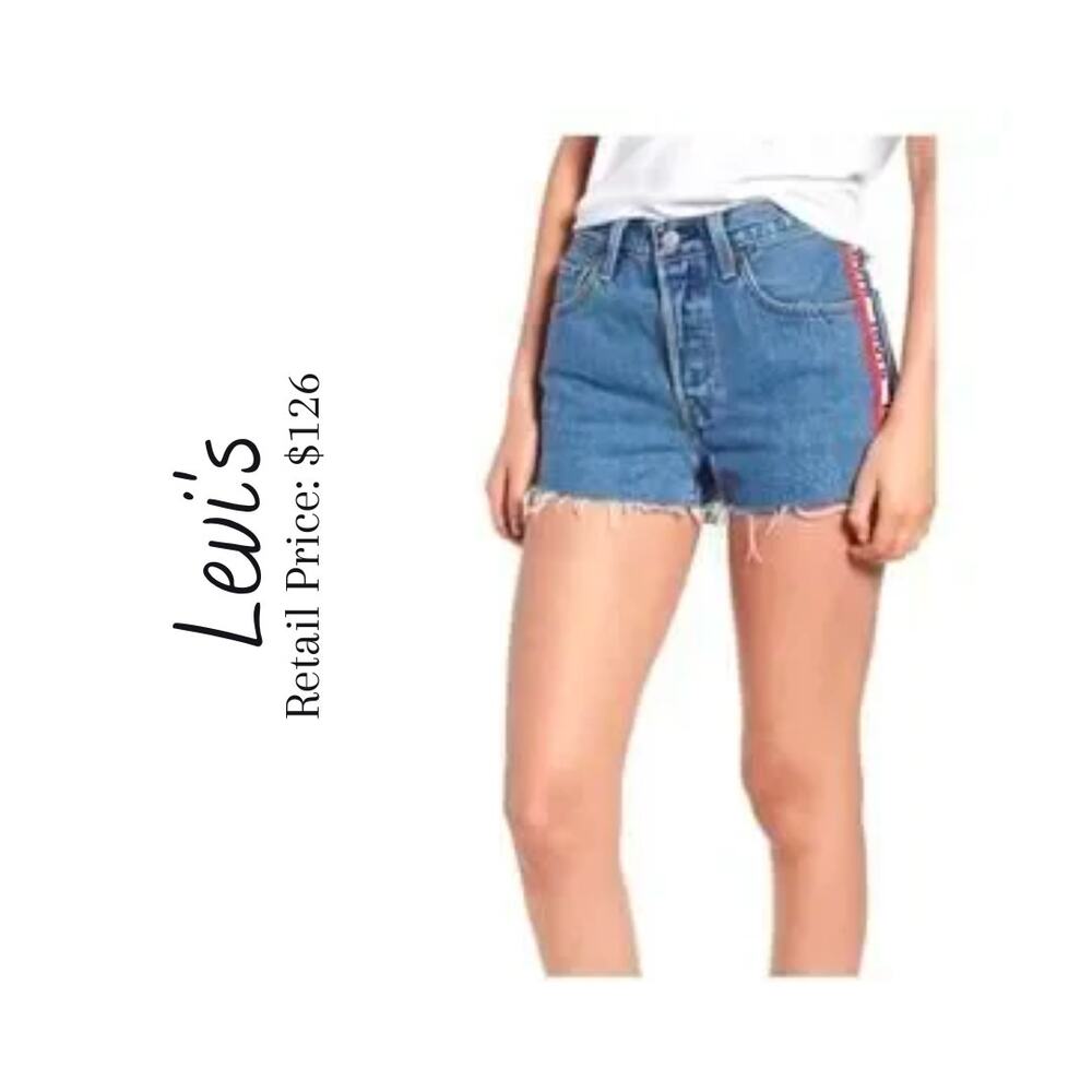 NWT RARE COLLECTORS Levi’s 501 High Rise Logo Striped Denim Shorts Sz 25